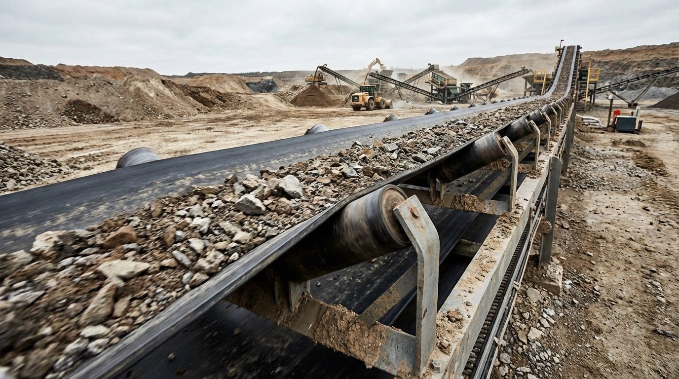Correia transportadora com revestimento de borracha em operação