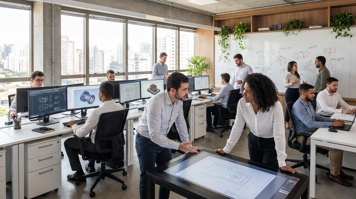 Engenheiros trabalhando com CAD e modelagem 3D